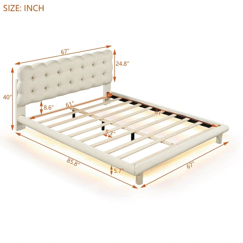 Queen Size Velvet Upholstered Platform Bed Frame with LED Light & Biscuit Headboard-5