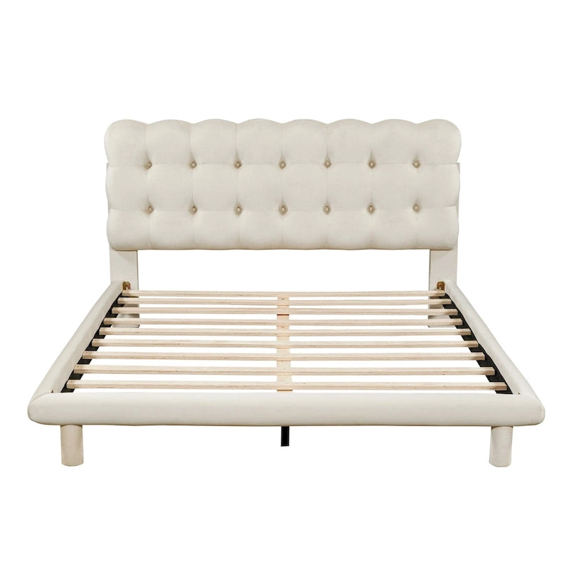Queen Size Velvet Upholstered Platform Bed Frame with LED Light & Biscuit Headboard-8