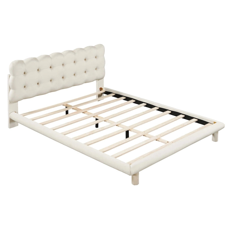 Queen Size Velvet Upholstered Platform Bed Frame with LED Light & Biscuit Headboard-9