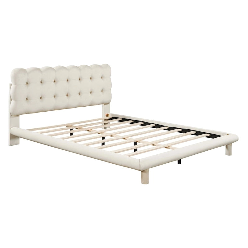 Queen Size Velvet Upholstered Platform Bed Frame with LED Light & Biscuit Headboard-10
