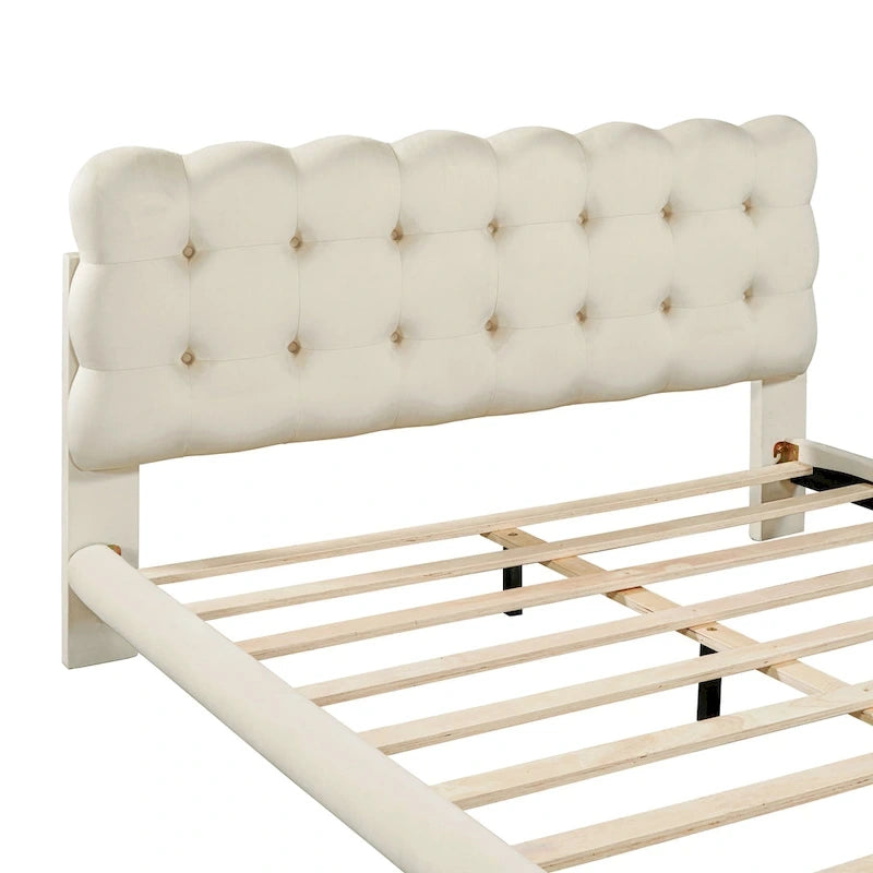 Queen Size Velvet Upholstered Platform Bed Frame with LED Light & Biscuit Headboard-11