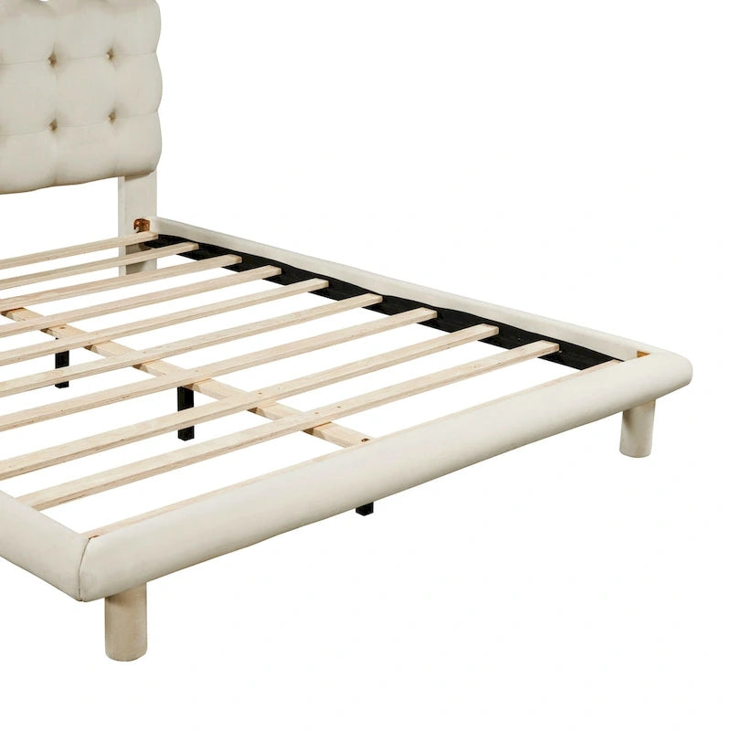 Queen Size Velvet Upholstered Platform Bed Frame with LED Light & Biscuit Headboard-13