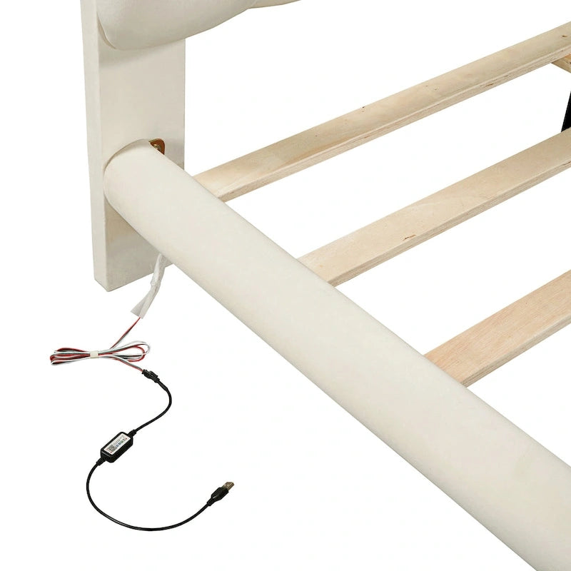 Queen Size Velvet Upholstered Platform Bed Frame with LED Light & Biscuit Headboard-15