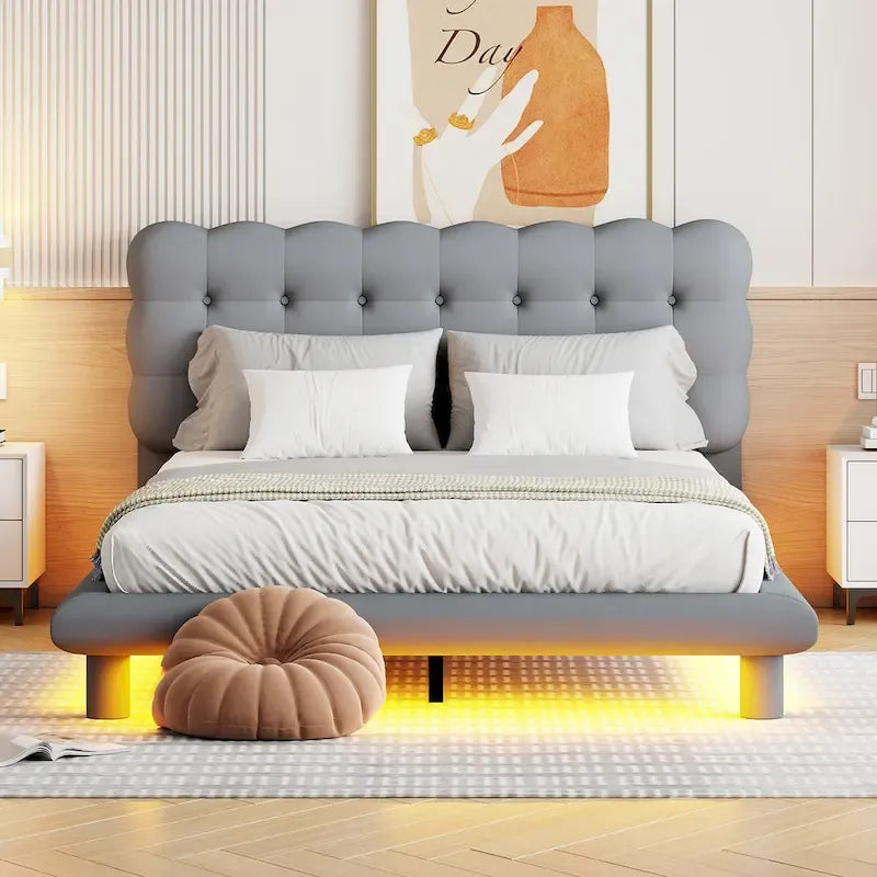 Queen Size Velvet Upholstered Platform Bed Frame with LED Light & Biscuit Headboard-18