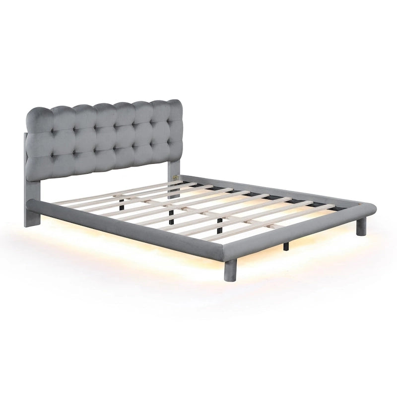 Queen Size Velvet Upholstered Platform Bed Frame with LED Light & Biscuit Headboard-19