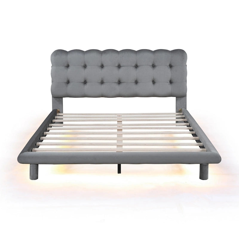 Queen Size Velvet Upholstered Platform Bed Frame with LED Light & Biscuit Headboard-20
