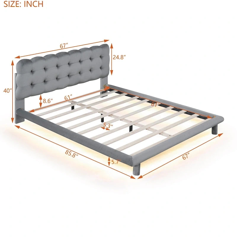 Queen Size Velvet Upholstered Platform Bed Frame with LED Light & Biscuit Headboard-21