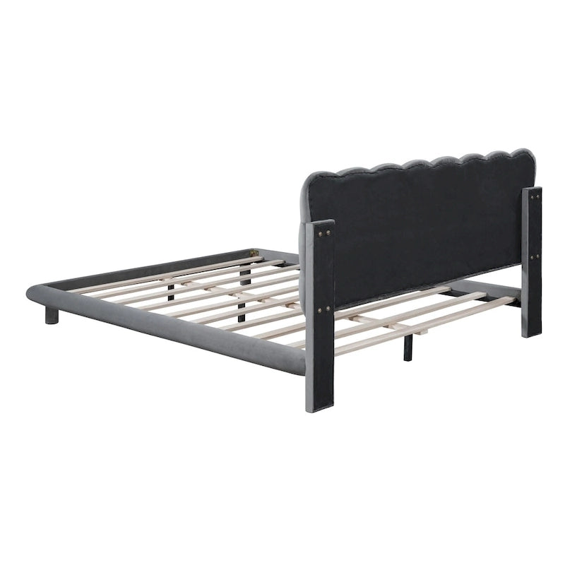 Queen Size Velvet Upholstered Platform Bed Frame with LED Light & Biscuit Headboard-23
