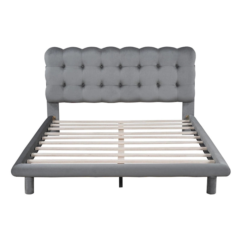 Queen Size Velvet Upholstered Platform Bed Frame with LED Light & Biscuit Headboard-24