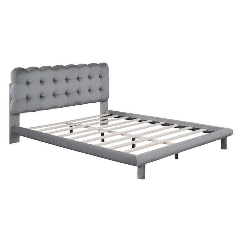 Queen Size Velvet Upholstered Platform Bed Frame with LED Light & Biscuit Headboard-25