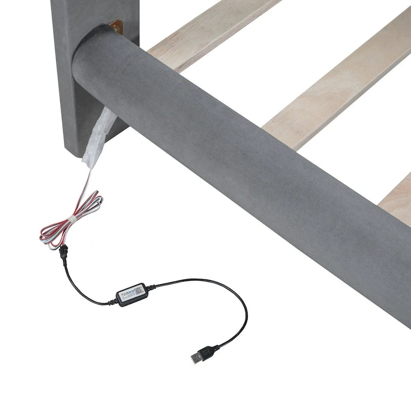 Queen Size Velvet Upholstered Platform Bed Frame with LED Light & Biscuit Headboard-30