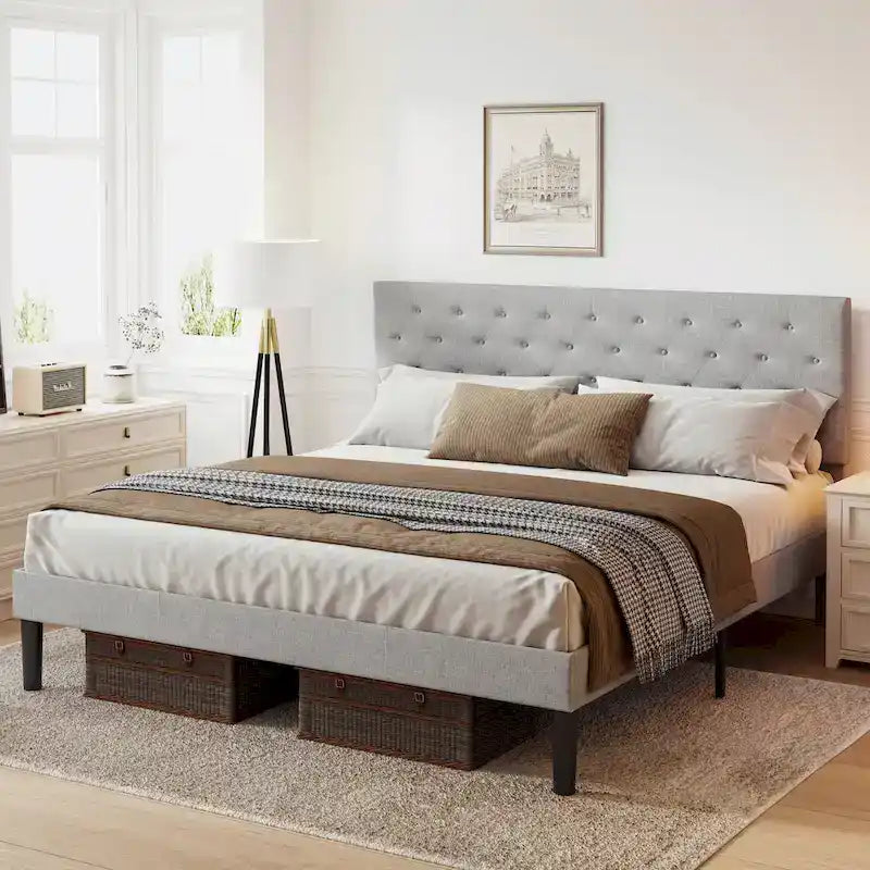 Tufted Light Grey Upholstered Queen Size Platform Bed-2