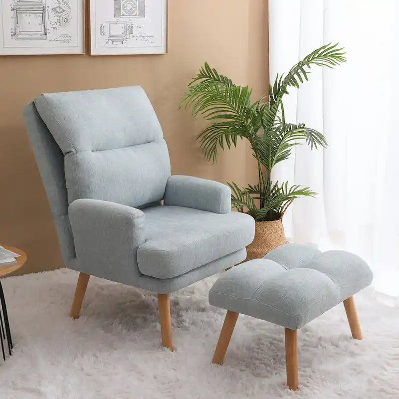 Accent Chair with Ottoman Set, Fabric Armchair with Wood Legs and Adjustable Backrest , Mid Century Modern Comfy Lounge Chair-3