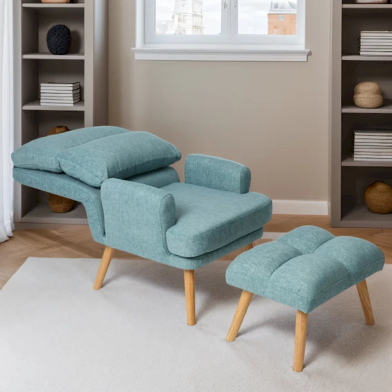 Accent Chair with Ottoman Set, Fabric Armchair with Wood Legs and Adjustable Backrest , Mid Century Modern Comfy Lounge Chair-15