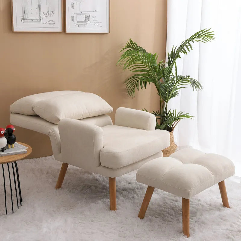 Accent Chair with Ottoman Set, Fabric Armchair with Wood Legs and Adjustable Backrest , Mid Century Modern Comfy Lounge Chair-31