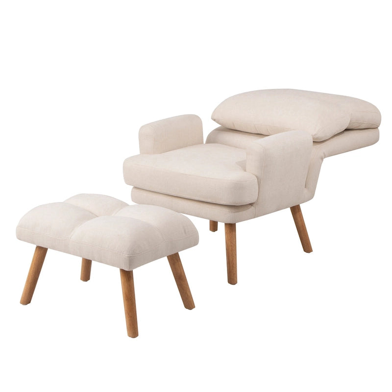 Accent Chair with Ottoman Set, Fabric Armchair with Wood Legs and Adjustable Backrest , Mid Century Modern Comfy Lounge Chair-34