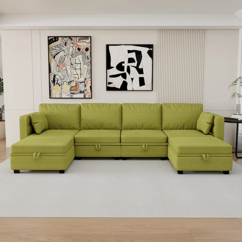 Modular U-shaped adjustable sectional sofa with reversible chains and storage seats