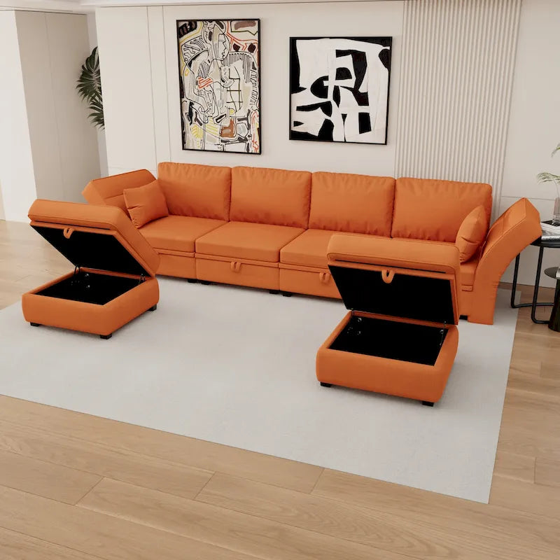 Modular U-shaped adjustable sectional sofa with reversible chains and storage seats-10