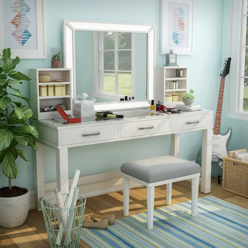 Furniture of America Wres Contemporary Solid Wood LED Light 3-Piece Makeup Vanity Set-7