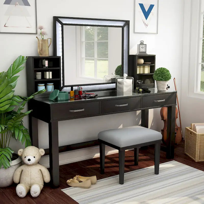 Furniture of America Wres Contemporary Solid Wood LED Light 3-Piece Makeup Vanity Set