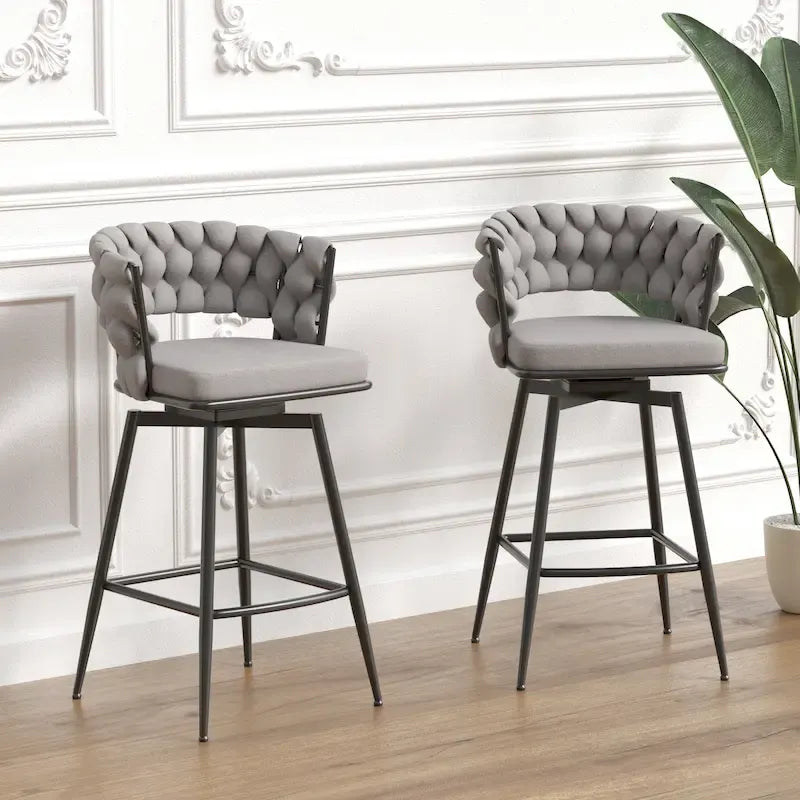 2 Woven Bar Stool,Black Legs No Adjustable Chairs,360 Swivel Upholstered Bar Chair Counter Stool Arm Chairs With Back Footrest-33