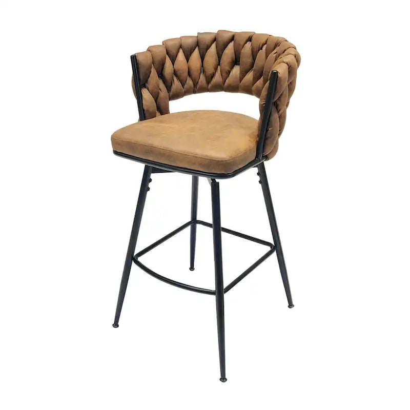 2 Woven Bar Stool,Black Legs No Adjustable Chairs,360 Swivel Upholstered Bar Chair Counter Stool Arm Chairs With Back Footrest-4