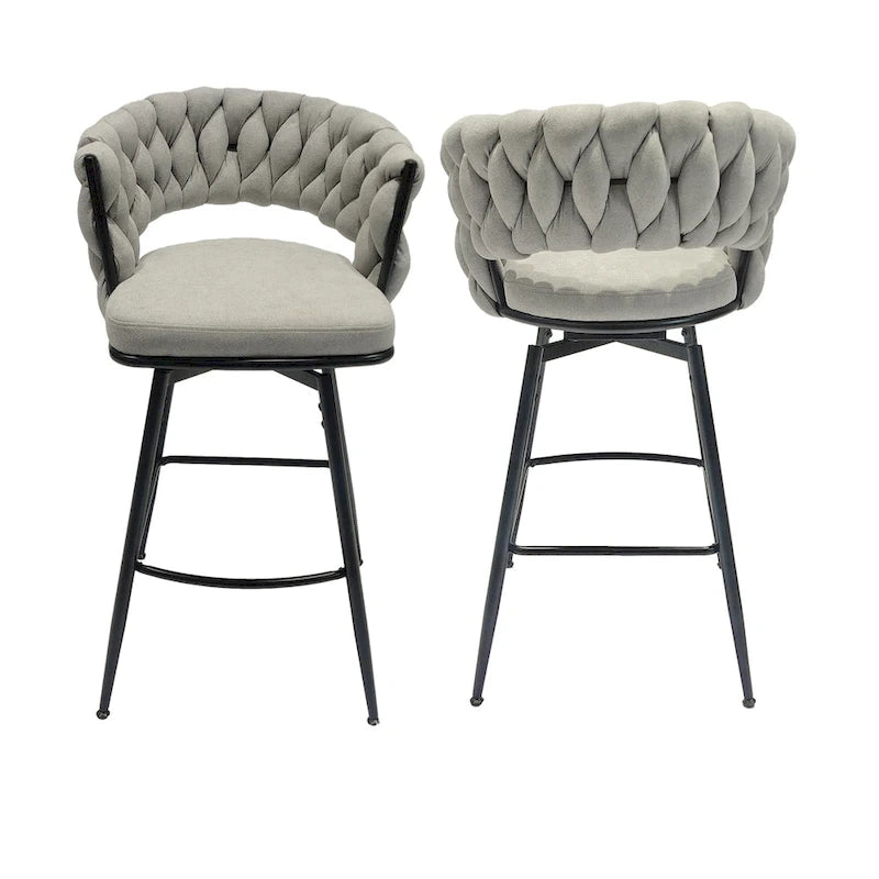 2 Woven Bar Stool,Black Legs No Adjustable Chairs,360 Swivel Upholstered Bar Chair Counter Stool Arm Chairs With Back Footrest-20