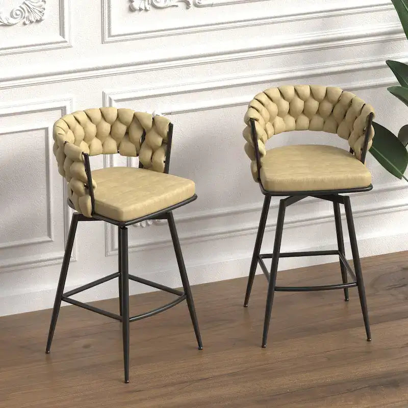 2 Woven Bar Stool,Black Legs No Adjustable Chairs,360 Swivel Upholstered Bar Chair Counter Stool Arm Chairs With Back Footrest-27