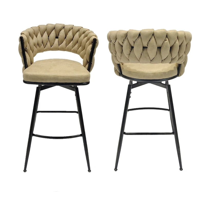 2 Woven Bar Stool,Black Legs No Adjustable Chairs,360 Swivel Upholstered Bar Chair Counter Stool Arm Chairs With Back Footrest-29