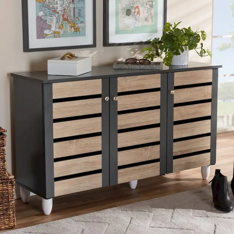 Contemporary 3-door Slatted Wood 14-pair Shoe Storage Cabinet-4