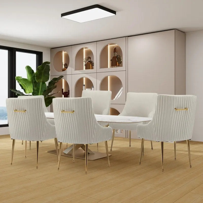 SEYNAR Modern Glam Boucle Pleated Velvet Dining Chair or Vanity Chair Set of 6 with Rear Handle-34