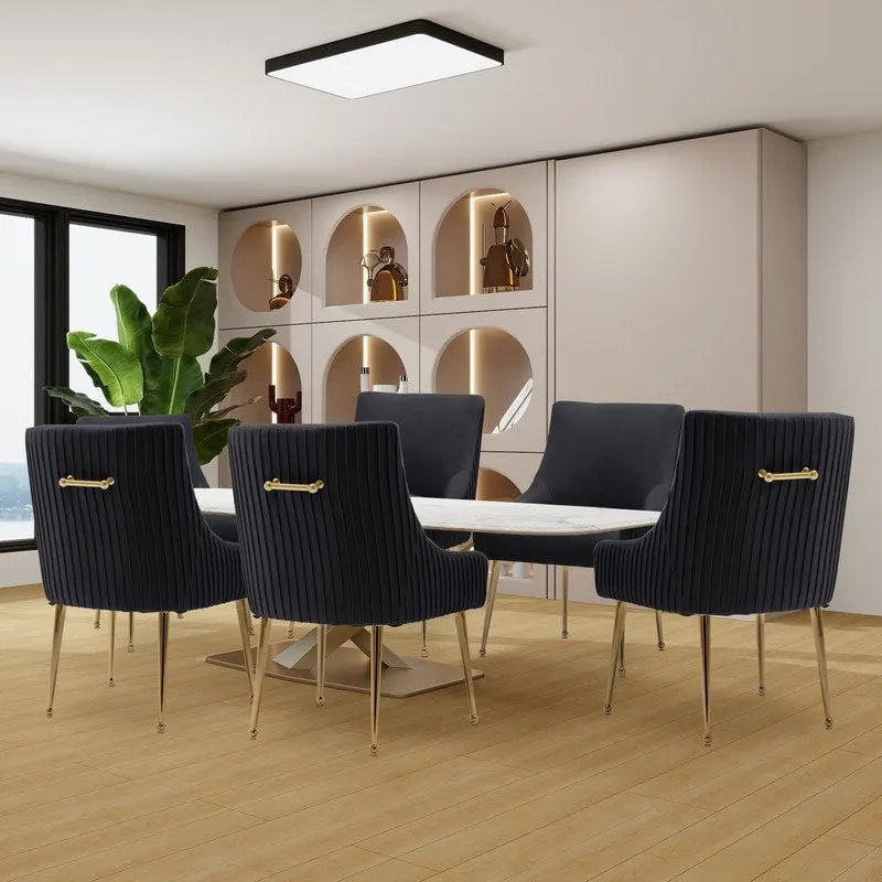 SEYNAR Modern Glam Boucle Pleated Velvet Dining Chair or Vanity Chair Set of 6 with Rear Handle-35