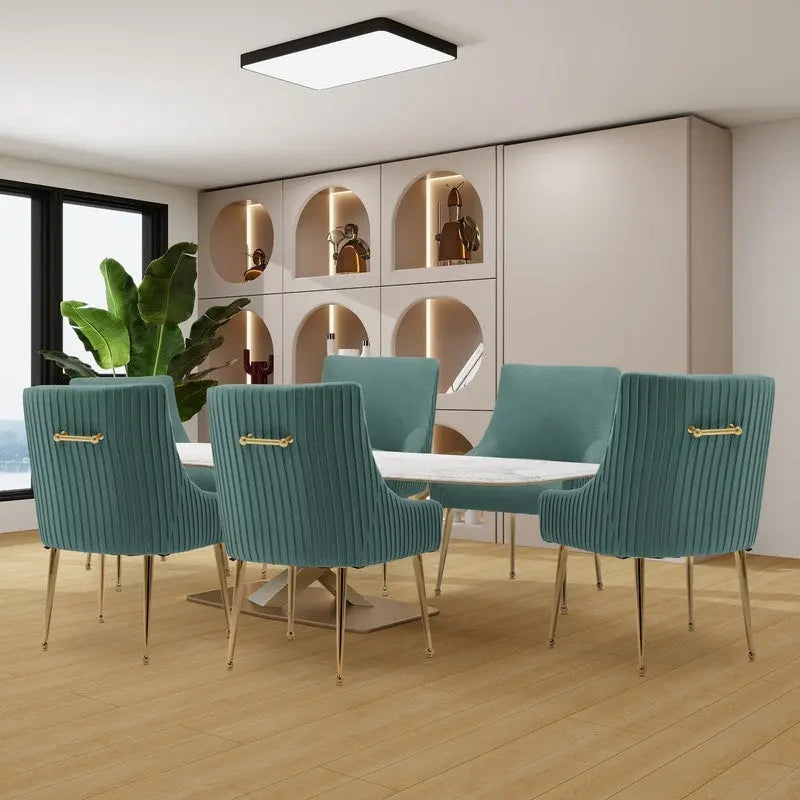 SEYNAR Modern Glam Boucle Pleated Velvet Dining Chair or Vanity Chair Set of 6 with Rear Handle-37