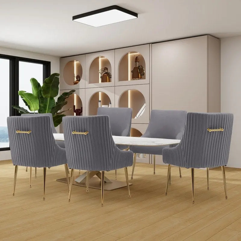 SEYNAR Modern Glam Boucle Pleated Velvet Dining Chair or Vanity Chair Set of 6 with Rear Handle-38