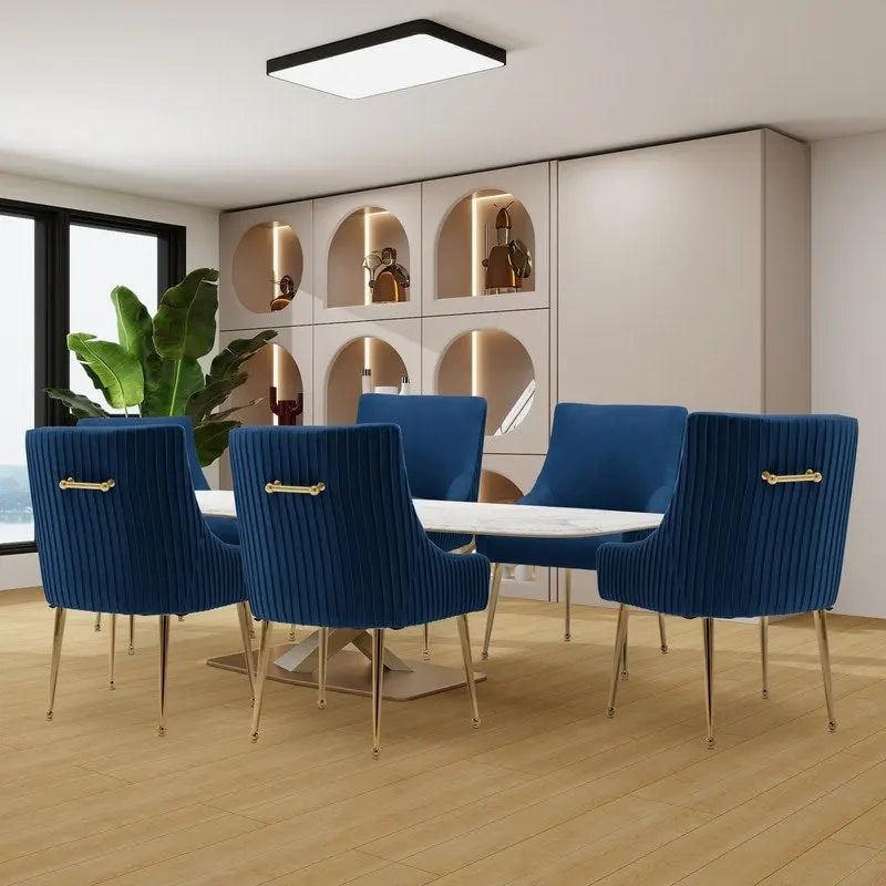 SEYNAR Modern Glam Boucle Pleated Velvet Dining Chair or Vanity Chair Set of 6 with Rear Handle-4