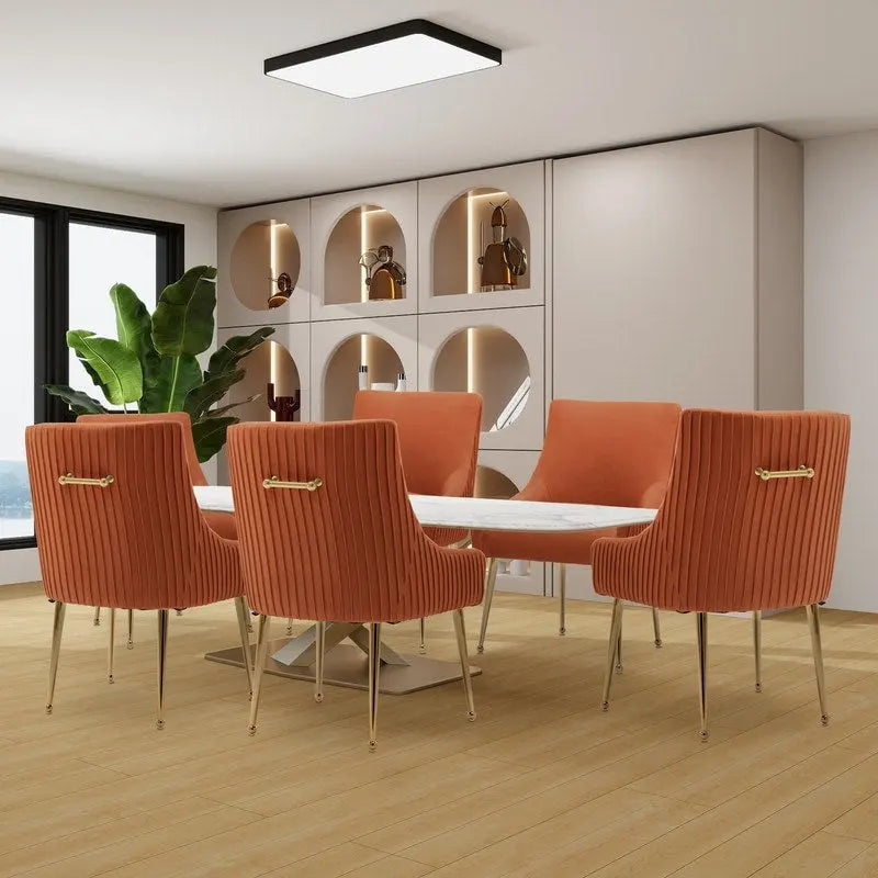 SEYNAR Modern Glam Boucle Pleated Velvet Dining Chair or Vanity Chair Set of 6 with Rear Handle-6