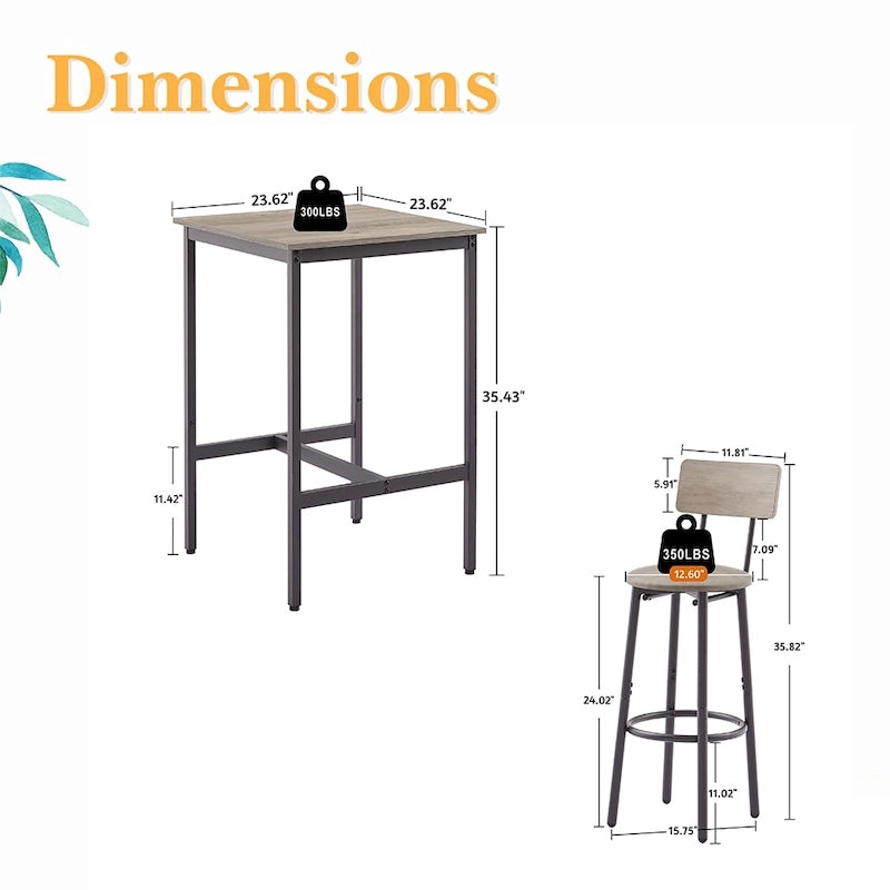 3 Pieces Bar Table Set, Kitchen Table Set for 2, Upholstered Stools-9