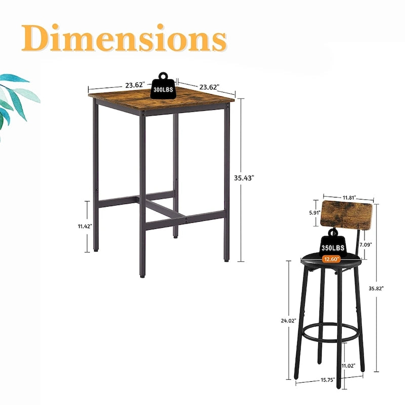 3 Pieces Bar Table Set, Kitchen Table Set for 2, Upholstered Stools-15