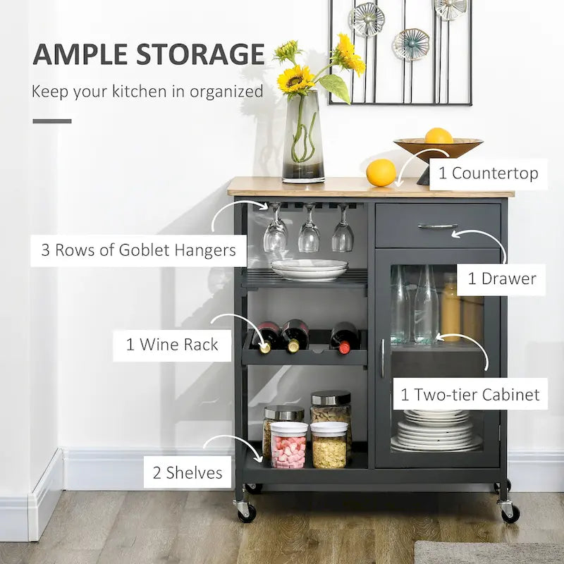 HOMCOM Utility Kitchen Cart, Rolling Kitchen Island Storage Trolley-4