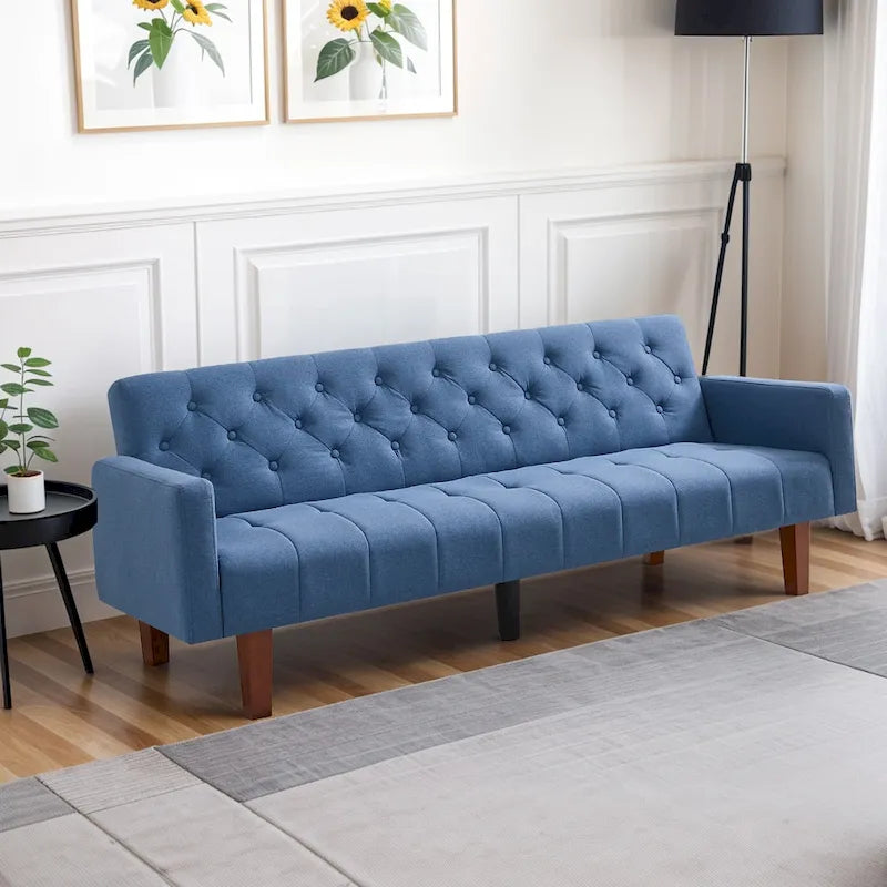 74 Velvet Futon Sofa Bed, Adjustable Backrest Convertible Loveseat Sleeper Couch with Tapered Wood Legs for Small Space-2