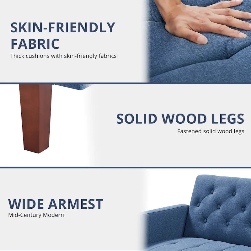 74 Velvet Futon Sofa Bed, Adjustable Backrest Convertible Loveseat Sleeper Couch with Tapered Wood Legs for Small Space-4