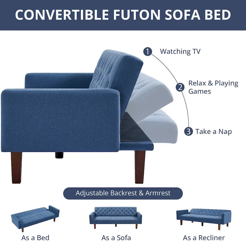74 Velvet Futon Sofa Bed, Adjustable Backrest Convertible Loveseat Sleeper Couch with Tapered Wood Legs for Small Space-5