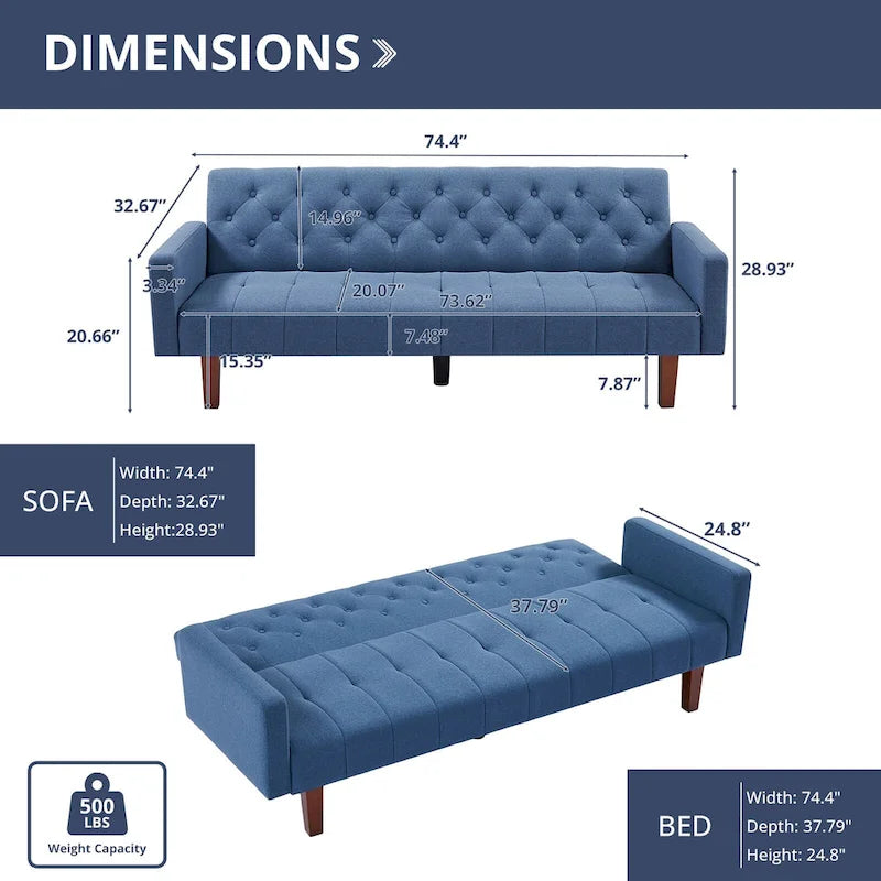 74 Velvet Futon Sofa Bed, Adjustable Backrest Convertible Loveseat Sleeper Couch with Tapered Wood Legs for Small Space-7