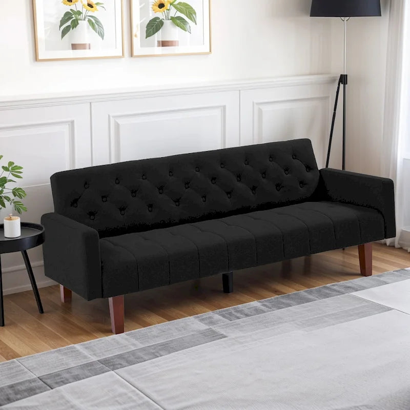 74 Velvet Futon Sofa Bed, Adjustable Backrest Convertible Loveseat Sleeper Couch with Tapered Wood Legs for Small Space-9