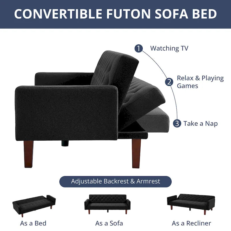 74 Velvet Futon Sofa Bed, Adjustable Backrest Convertible Loveseat Sleeper Couch with Tapered Wood Legs for Small Space-12