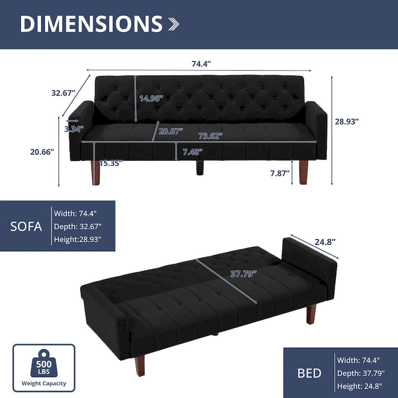 74 Velvet Futon Sofa Bed, Adjustable Backrest Convertible Loveseat Sleeper Couch with Tapered Wood Legs for Small Space-14