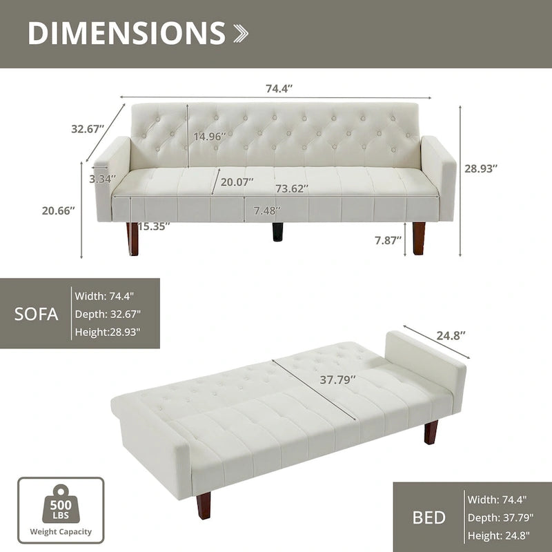 74 Velvet Futon Sofa Bed, Adjustable Backrest Convertible Loveseat Sleeper Couch with Tapered Wood Legs for Small Space-28