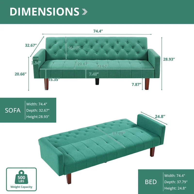 74 Velvet Futon Sofa Bed, Adjustable Backrest Convertible Loveseat Sleeper Couch with Tapered Wood Legs for Small Space-35
