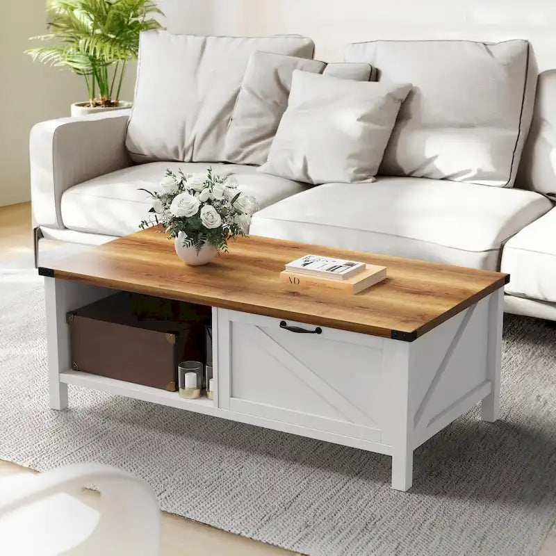 Moasis Farmhouse Coffee Table with Storage Cabinet and Open Shelf-13