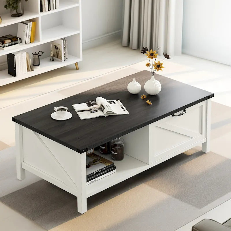 Moasis Farmhouse Coffee Table with Storage Cabinet and Open Shelf-14